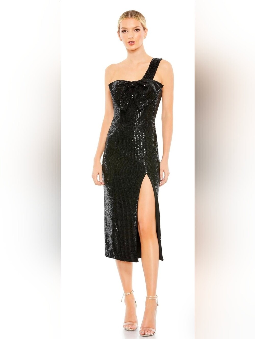 NWT Mac Duggal 11286 One-Shoulder Black Sequin Midi Dress with Front Slit Sz 2